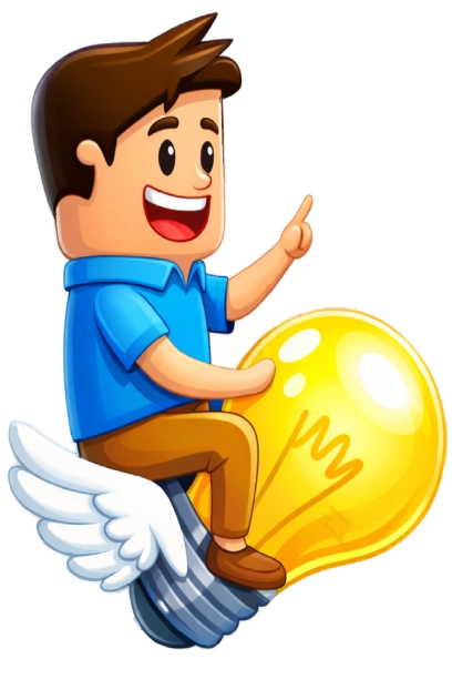 Emprendedor montado en un foco con alas, proyectando hacia sus ideas y proyectos