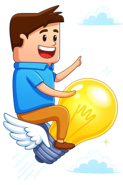 Emprendedor montado en un foco con alas, proyectando hacia sus ideas y proyectos